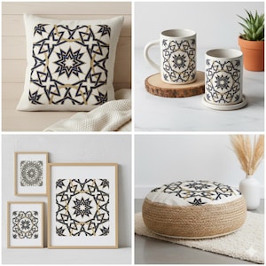 Puede incluir: Colección de artículos de decoración para el hogar con un diseño geométrico de estrella en azul marino, dorado y blanco. Incluye un cojín cuadrado, dos tazas, impresiones artísticas enmarcadas y un puf. El puf tiene una base de yute.