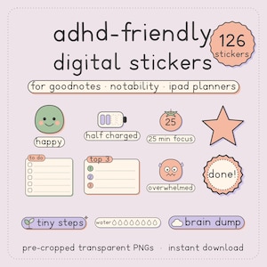 Puede incluir: Un conjunto de 126 pegatinas digitales para TDAH para Goodnotes, Notability y planificadores de iPad. La colección incluye iconos para happy, half charged, 25 min focus, to do, top 3, overwhelmed, done, tiny steps, water y brain dump.