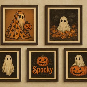 Puede incluir: Cinco impresiones artísticas enmarcadas con temática de Halloween. Las impresiones presentan ilustraciones de fantasmas, calabazas y la palabra "Spooky". La paleta de colores incluye naranja, negro y crema.