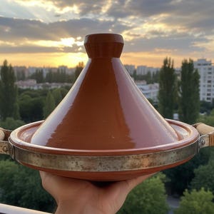 May include: A brown ceramic tagine pot with a conical lid and a wide base, held up against a sunset backdrop. The pot has wooden handles and a metal band around the base. The background features a cityscape with trees.
