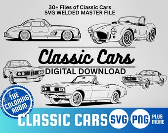May include: Black and white line drawings of classic cars, including a coupe, convertible, and sports car. The text "Classic Cars" and "Digital Download" are also present. The image includes the text "SVG PNG PLUS MORE".