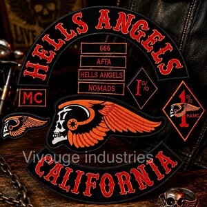 Vintage Style Orange & Black Embroidered Biker Back Patch Set California Motorcycle Club Rockers Large Skull Wing Vest Patch MC Rider