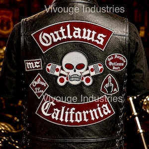 Outlaws California Broderad Biker Patch Set Stor Baklapp Skull & Pistons Motorcykelklubbsstil Västlapp Sy-på Stryk-på Jacka
