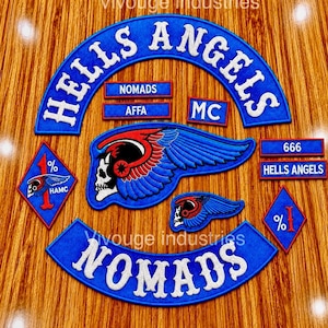 Hells Angels Nomads Embroidered Motorcycle Back Patch Set Blue & Red Biker Vest Patches Custom MC Rocker Patch