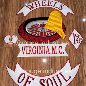 Custom Motorcycle Club Back Patch Set – Wheels of Soul Virginia M.C. Embroidered Biker Vest Patch – Large Back Patch with Rockers – MC Club