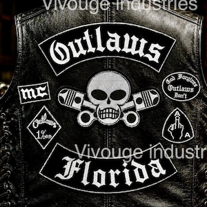 Outlaws Florida MC Broderad rygglapp Set Motorcykelklubb Bikerlapp Skull & Pistons Lädervästlapp Sy-på jacklapp