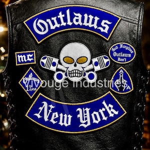 Outlaws New York Broderad biker-lapp Stor rygglapp Skull & Pistons Motorcykelklubbsstil Västlapp Påsydd jacka rygglapp