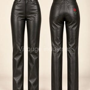 Women’s Black Lambskin Leather Pants, High Waist Slim Straight Trousers, Red Rose Embroidery, Handmade Genuine Leather
