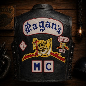 Pagans MC geborduurde patchset: bikerpatch op de rug, vest-appliqué op jas