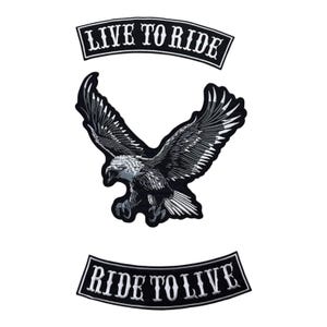 Parche "Vivir para conducir", "Vivir para vivir", águila plateada bordada grande, para chaleco, chaqueta y motociclista, estilo rockero, para planchar y coser.