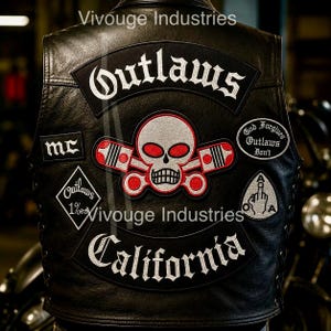 Outlaws California Broderad Biker Patch Set Stor Baklapp Skull & Pistons Motorcykelklubbsstil Västlapp Stryk-på eller Sy-på
