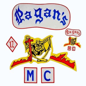 May include: A collection of patches featuring the text "Pagan's" in blue script on a white background with a red border. Other patches include a figure with a sword, the letters "MC", and the number "1%" in a diamond.