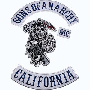 May include: Embroidered patch with a Grim Reaper design, holding a rifle and a globe with the anarchy symbol. The patch has the text "SONS OF ANARCHY" arched at the top, "CALIFORNIA" at the bottom, and "MC" in a small square.