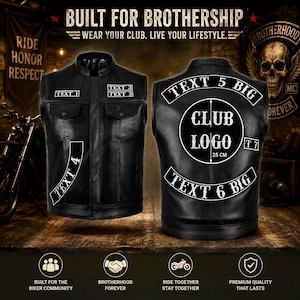 May include: A black leather vest shown from the front and back, featuring customizable text fields labeled TEXT 1 through TEXT 6, and a central circular area for a club logo with a 25 cm measurement indicator. The vest has a mandarin collar.