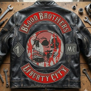 May include: Black leather jacket with "BLOOD BROTHERS" and "LIBERTY CITY" patches. The jacket features a skull graphic and "1%" and "MC" patches. The jacket is on a wooden surface with tools.