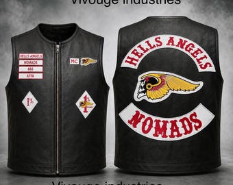Chaleco de cuero negro con cremallera y parche MC bordado de Hells Angels Nomads – Chaleco de motociclista personalizado
