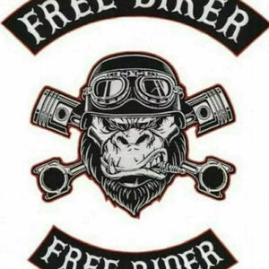 May include: Black and white patch featuring a gorilla wearing a helmet and goggles, with crossed pistons and the text "FREE BIKER" and "FREE RIDER". The gorilla has a cigar in its mouth.