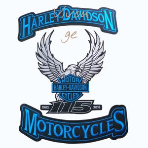 Large Biker Vest Patch Set - Harleeyy-Davidsoonn Blue Rockers - Embroidered Eagle Bar and Shield Back Patch - 4 Piece Leather Jacket Decal
