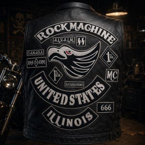 Op de afbeelding: Zwarte leren vest met geborduurde patches. De patches tonen "ROCK MACHINE", "UNITED STATES" en "ILLINOIS". Een adelaarsafbeelding staat in het midden van de rug, met het nummer "666" eronder. Motorclubkleding.