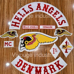 Conjunto completo de parches bordados de Hells Angels Dinamarca, parche trasero para chaleco de motociclista MC, parche termoadhesivo para coser, parche rockero para chaqueta de club de motociclistas