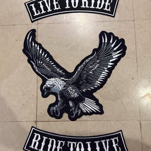 Live To Ride Ride To Live Back Patch Set - Large Embroidered Silver Eagle - Motorcycle Biker Vest Jacket Rockers - Iron On Sew On Badge