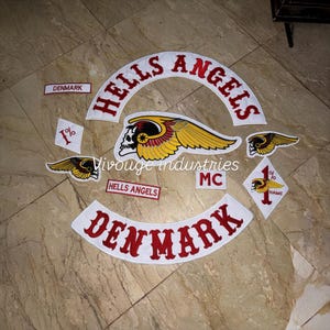 Hells Angels Denmark Komplettes Set Gestickte Aufnäher Biker MC Weste Zurück Patch Set Aufnäher Rocker Biker Patch Motorrad Club Jacke Patch