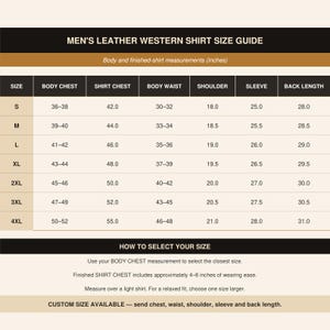 May include: A size guide chart for a leather western shirt with columns for size, body chest, shirt chest, body waist, shoulder, sleeve, and back length in inches. The table lists sizes from S to 4XL with corresponding measurements.