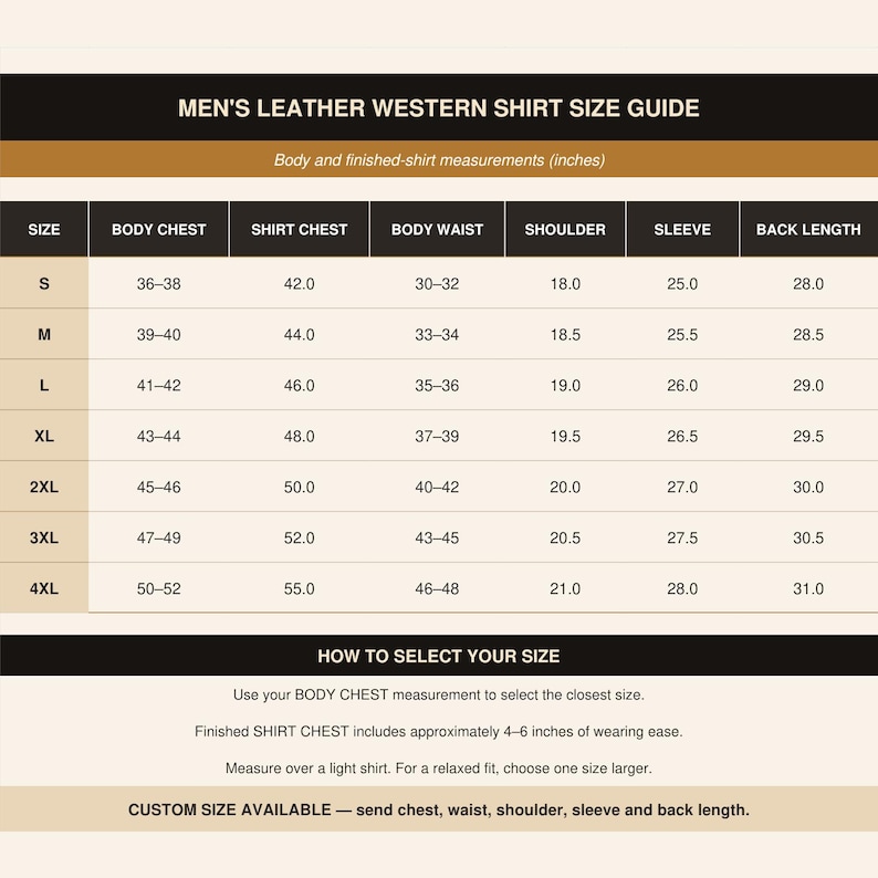 May include: A size guide chart for a leather western shirt with columns for size, body chest, shirt chest, body waist, shoulder, sleeve, and back length in inches. The table lists sizes from S to 4XL with corresponding measurements.