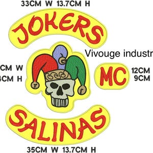 May include: Embroidered patches with a yellow border and red text. The patches include the words "JOKERS" and "SALINAS", a skull with a jester hat, and the letters "MC". The "JOKERS" patch is 33cm wide and 13.7cm high.
