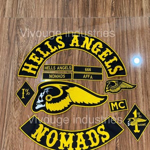 Nomads Embroidered Biker Patch Set Black Antique Gold | Large Back Patch | Iron-On/Sew-On Motorcycle Vest Patch Set