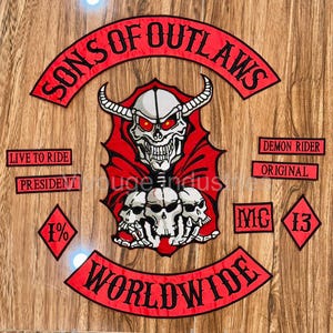 Sons of outlaws Custom Demon Skull Biker Patch Set, Large Embroidered Back Patch, Red Black Motorcycle Vest Patches, Personalized Rockers
