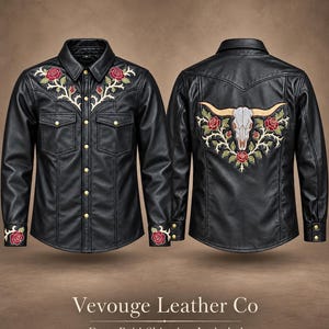 May include: A black long-sleeved shirt with a collar, gold-tone snap buttons, and two chest pockets. The front features red rose embroidery on the shoulders and cuffs. The back displays a large embroidered steer skull with red roses.