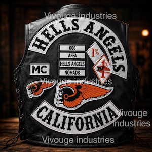 May include: A black leather waistcoat featuring white embroidered patches with the text HELLS ANGELS, MC, 666, AFFA, HELLS ANGELS, NOMADS, and CALIFORNIA. It includes orange and black winged skull patches and a diamond-shaped 1% patch on the back.