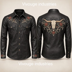 May include: A black long-sleeve shirt with a collar, front button closure, and two chest pockets. The front features floral embroidery on the shoulders, while the back displays a large steer skull and rose embroidery. Text reads Vivouge industries.
