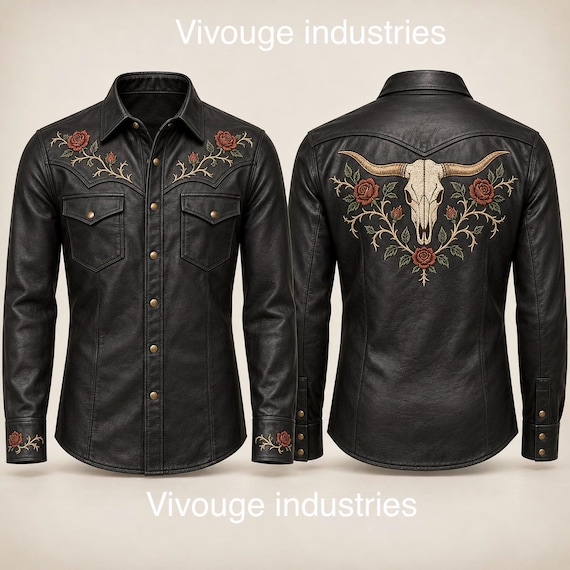 Men’s Embroidered Leather Western Shirt, Black Lambskin Snap Button Cowboy Shirt, Longhorn Skull Rose Rodeo Shirt, Custom Size