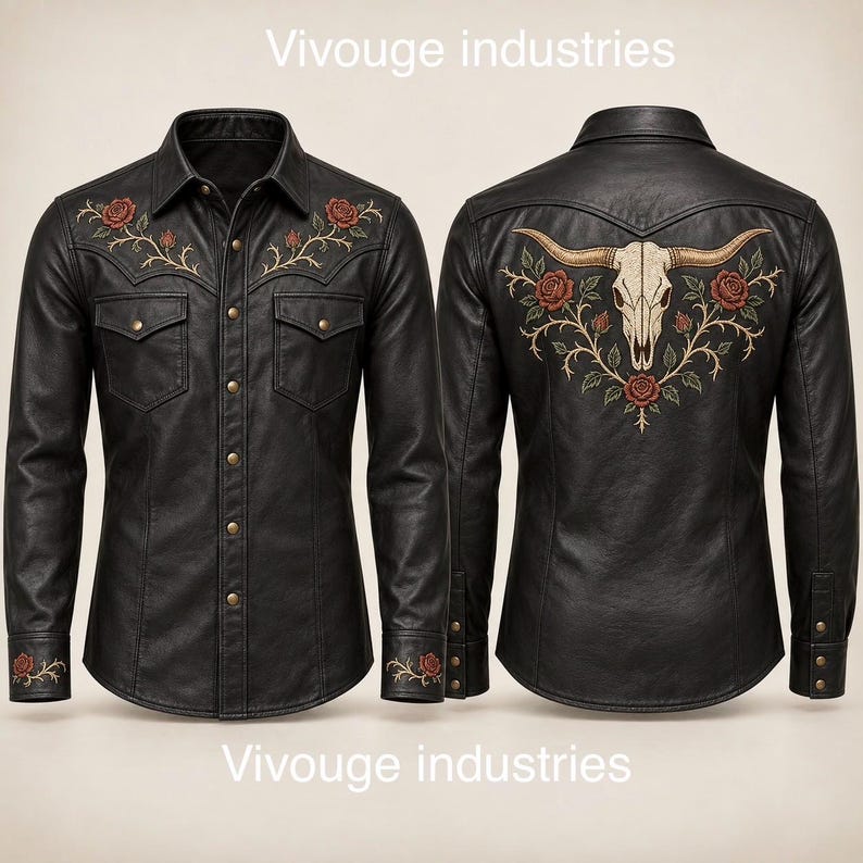May include: A black long-sleeve shirt with Vivouge industries text, featuring front and back views. The front has floral embroidery on the chest, while the back displays a large steer skull and rose embroidery. It includes metal snap buttons.