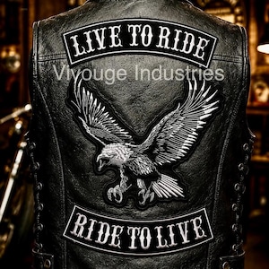 Live To Ride Ride To Live Back Patch Set - Large Embroidered Silver Eagle - Motorcycle Biker Vest Jacket Rockers - Iron On Sew On Badge