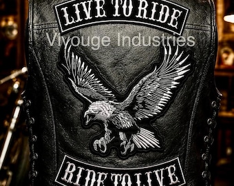 Live To Ride Ride To Live Back Patch Set - Large Embroidered Silver Eagle - Motorcycle Biker Vest Jacket Rockers - Iron On Sew On Badge