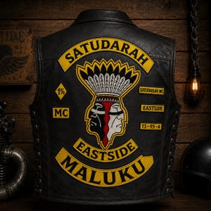 Peut inclure: Gilet de motard en cuir noir avec des écussons jaunes et noirs. Les écussons comportent les inscriptions "SATUDARAH" et "EASTSIDE MALUKU", ainsi qu'un graphisme de deux visages et une coiffe amérindienne. Le gilet porte également les inscriptions "1%" et "MC".