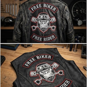 Może przedstawiać: Czarna skórzana kurtka z postarzanym wykończeniem, z haftowanymi naszywkami. Naszywki głoszą "FREE BIKER" i "FREE RIDER" z gorylem w goglach i skrzyżowanymi tłokami. Kurtka jest prezentowana na drewnianym wieszaku.