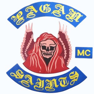 Pagan Saints MC Patch Set Hooded Winged Skull Embroidered Back Patch Motorcycle Club Biker Vest Rockers | Blue & Yellow Sew On Applique