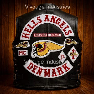 Hells Angels Dänemark Komplettes Set gestickter Aufnäher Biker MC Weste Rückenaufnäher Set zum Aufbügeln Aufnähen Rocker Aufnäher Motorradclub Jackenaufnäher