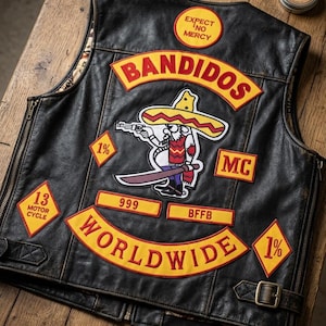 May include: A black leather vest featuring multiple embroidered patches, including a central cartoon figure in a sombrero holding a gun and sword, with text reading BANDIDOS, WORLDWIDE, EXPECT NO MERCY, 1%, MC, 999, BFFB, and 13 MOTOR CYCLE.