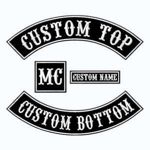 Custom Rocker Patch Set Personalized 4-Piece Biker Vest Back Patches Top & Bottom Rockers, MC and Name Tag Black White Applique