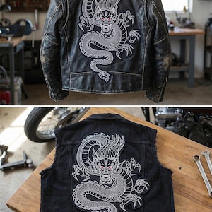 Pode incluir: Casaco de couro preto e colete de ganga preto, ambos com um grande patch de dragão branco com olhos vermelhos. O casaco está desgastado. O colete é sem mangas e tem uma bainha crua. O desenho do dragão está nas costas de ambas as peças.