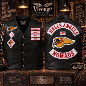 May include: A black leather waistcoat featuring front and back patches. The front displays a winged skull, 1% diamond patches, and rectangular labels reading HELLS ANGELS, NOMADS, 666, and AFFA. The back features large HELLS ANGELS and NOMADS text patches.