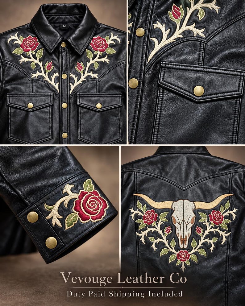 May include: A black leather jacket featuring intricate embroidery of red roses and green vines on the chest and cuffs. The back displays a large embroidered steer skull surrounded by roses. It includes gold-tone snap buttons and two chest pockets.