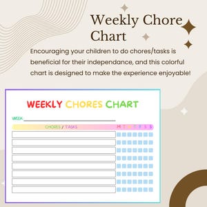 Op de afbeelding: Een kleurrijke wekelijkse takenlijst met de tekst "Weekly Chore Chart" bovenaan. De lijst bevat secties voor taken/taken en een wekelijks schema. De tekst "Weekly Chores Chart" is geschreven in regenboogkleuren.