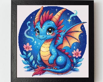 Patrón de punto de cruz de dragón azul en PDF