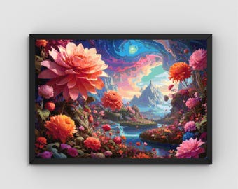 Patrón de punto de cruz "Paisaje onírico floreciente" en PDF